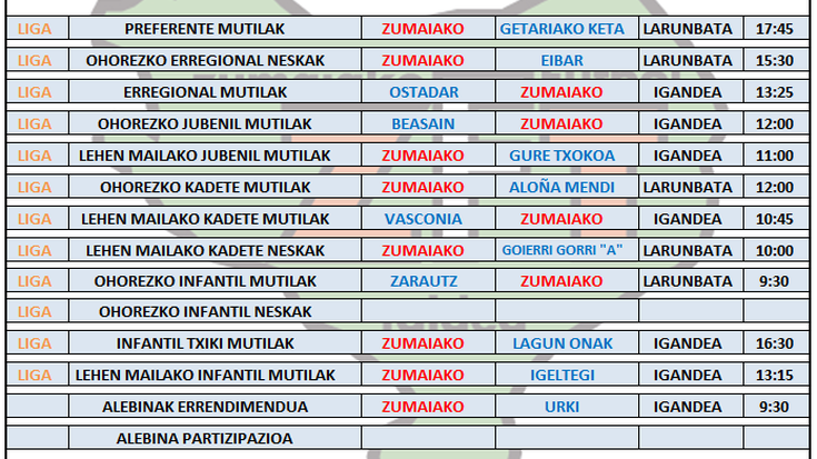 Asteburu honetako futbol partiden ordutegia