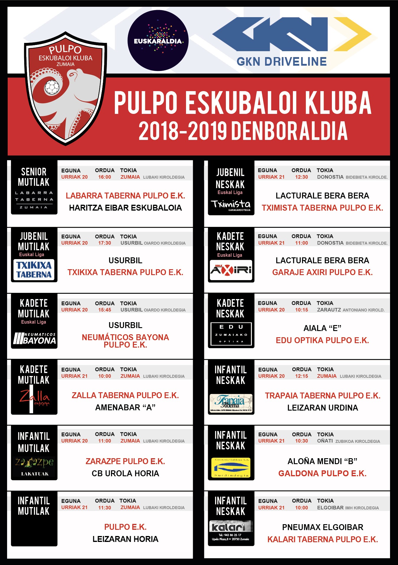 Pulpo Eskubaloiko partiduen ordutegia