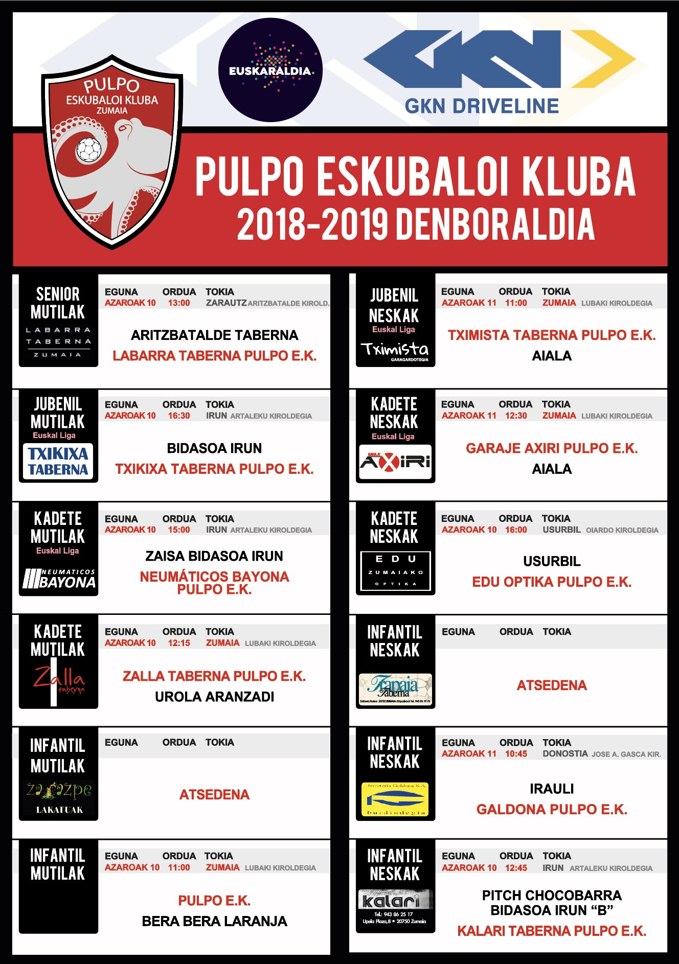 Pulpo Eskubaloiko partiduen ordutegia