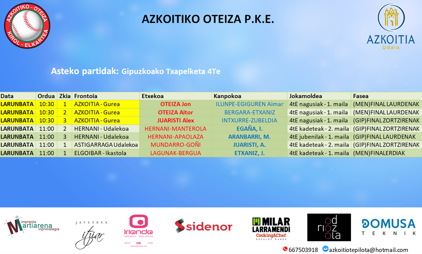 Aste honetako pilota partiden ordutegiak