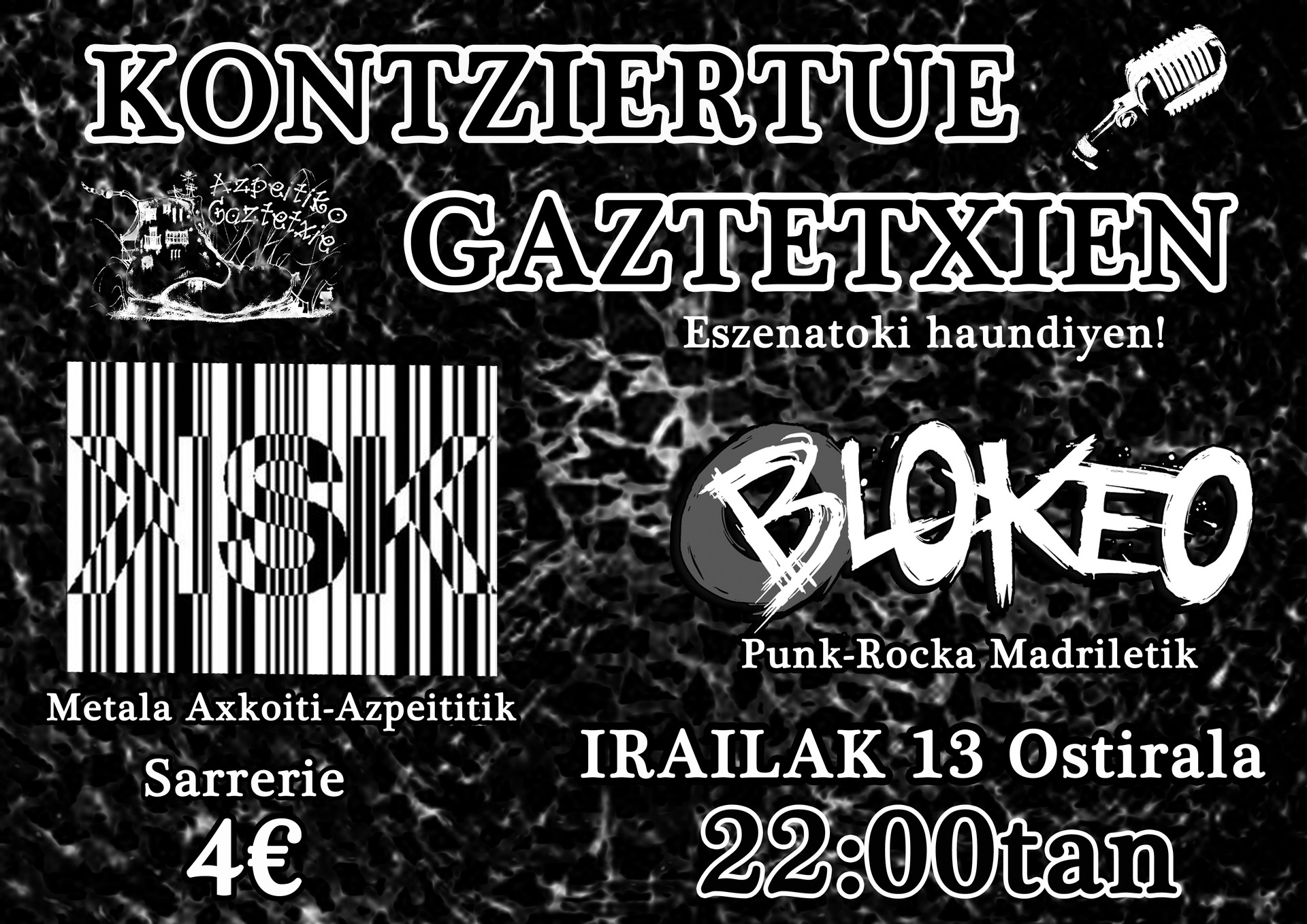 Kasik eta Blokeo taldeen kontzertuak ostiralean, gaztetxean