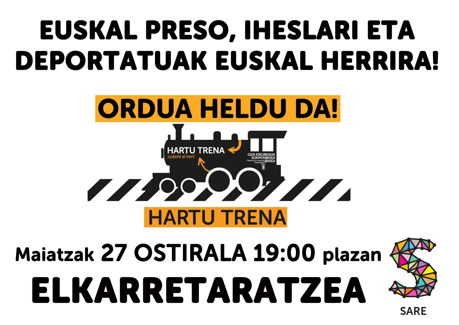 Elkarretaratzea izango da ostiralean, euskal preso, iheslari eta deportatuen eskubideen alde