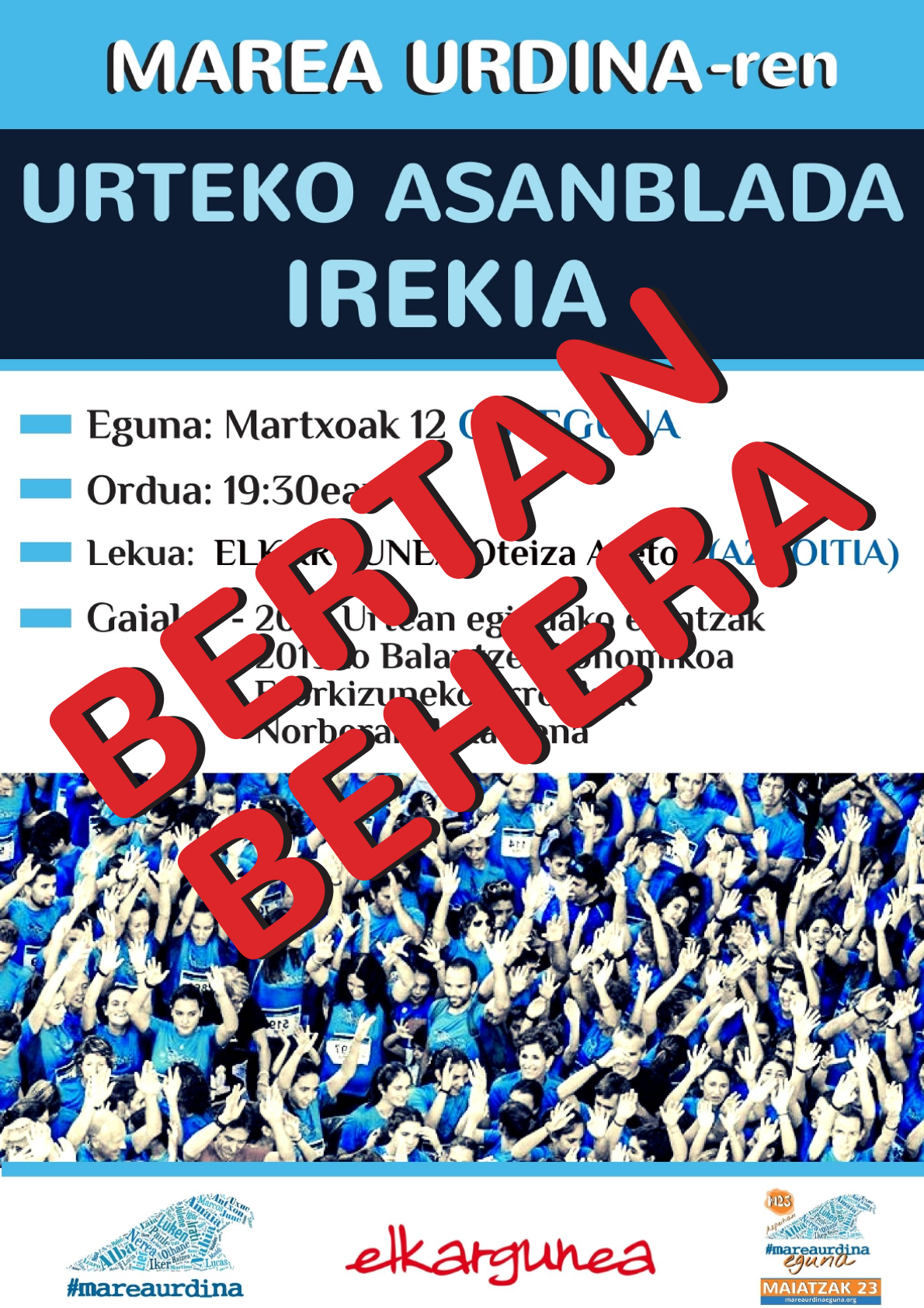 Marea Urdinak ez du batzar irekia egingo
