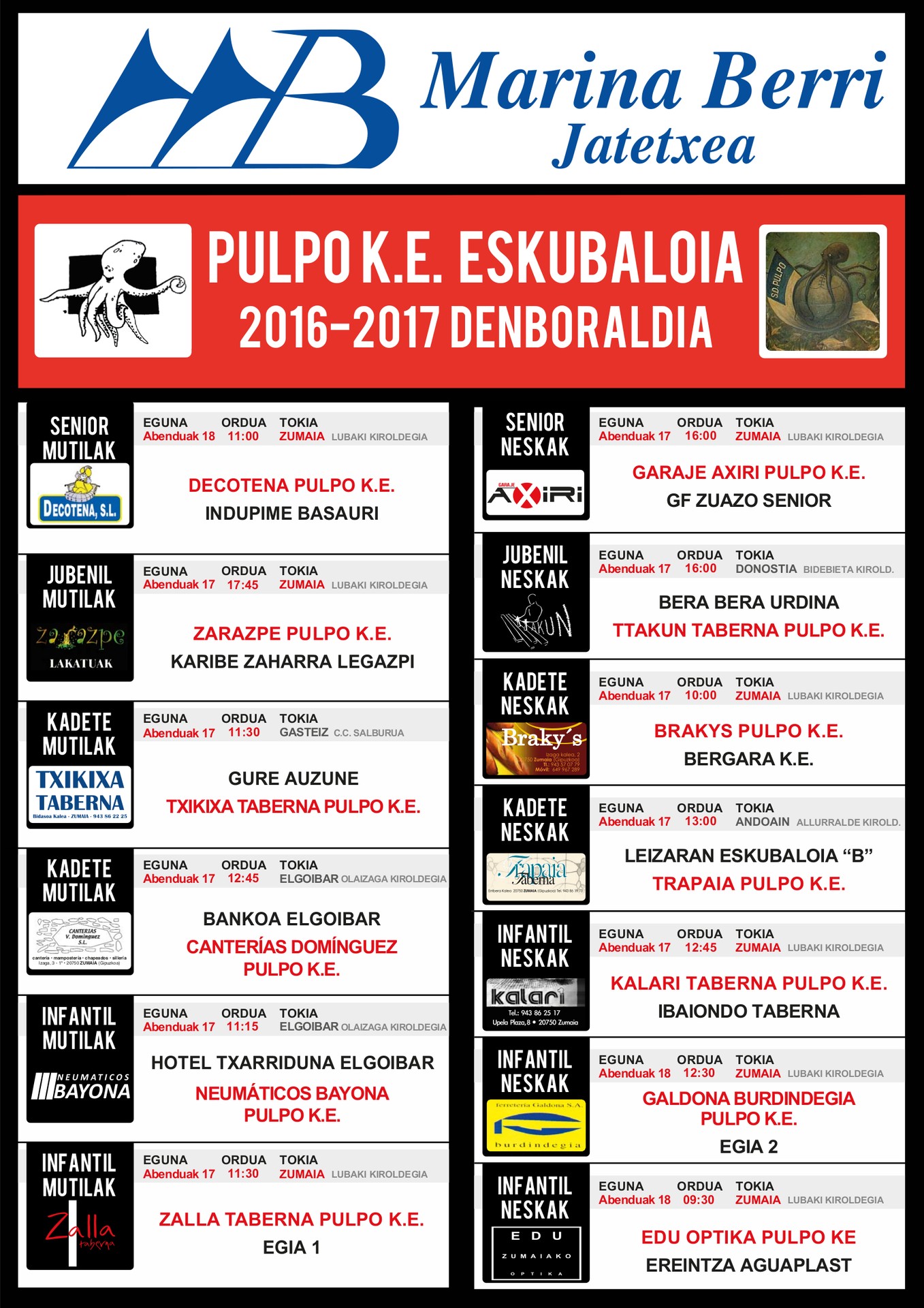 Pulpo Eskubaloiko astebukaerako partiduak