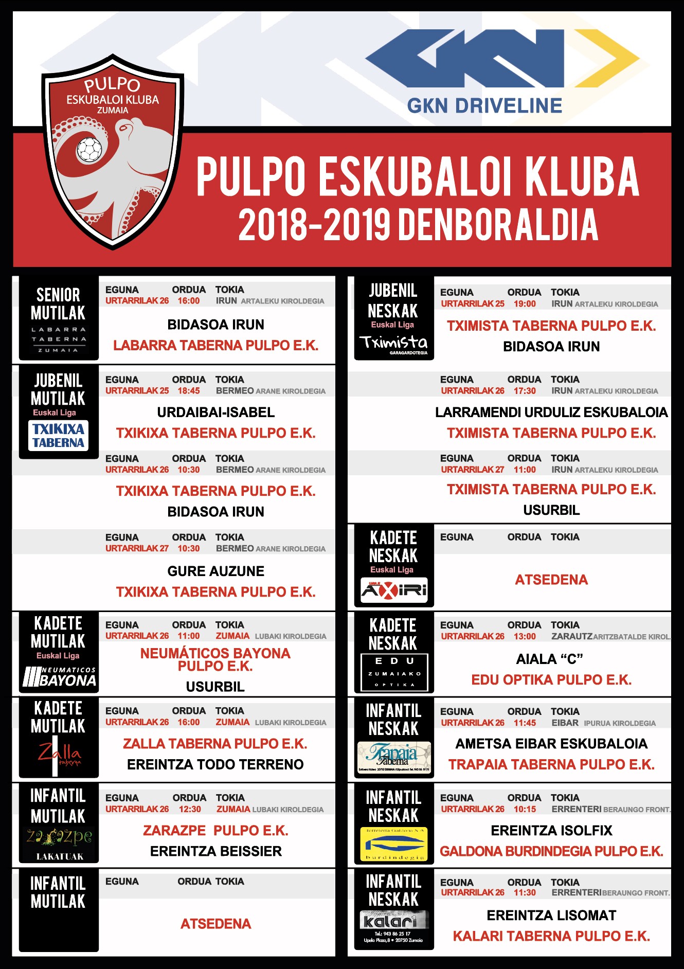 Pulpo Eskubaloiko partiduen ordutegia