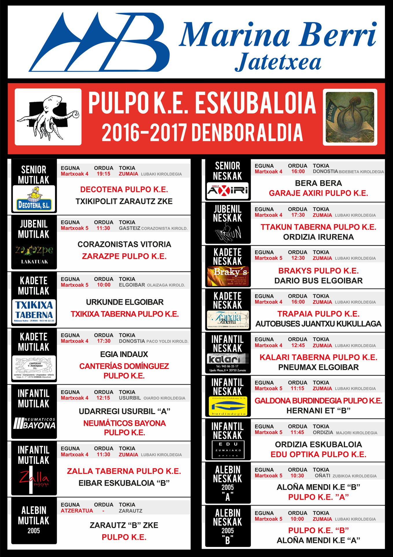 PULPO Eskubaloi taldeen aste bukaerako partiduak