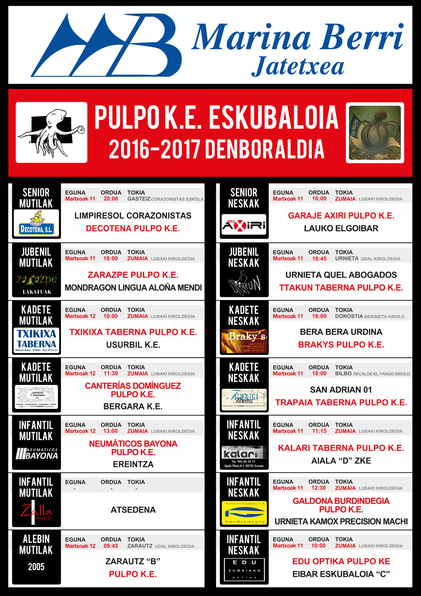 PULPO K.E eskubaloi taldeen aste bukaerako partiduak