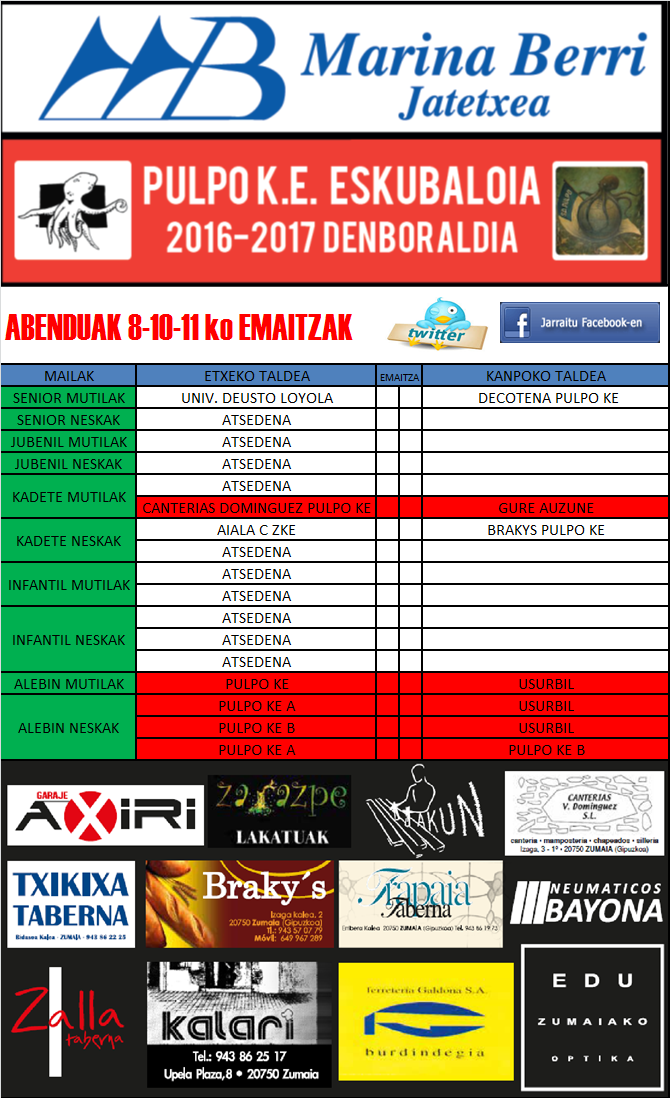 Pulpo Eskubaloiko astebukaerako partiduak