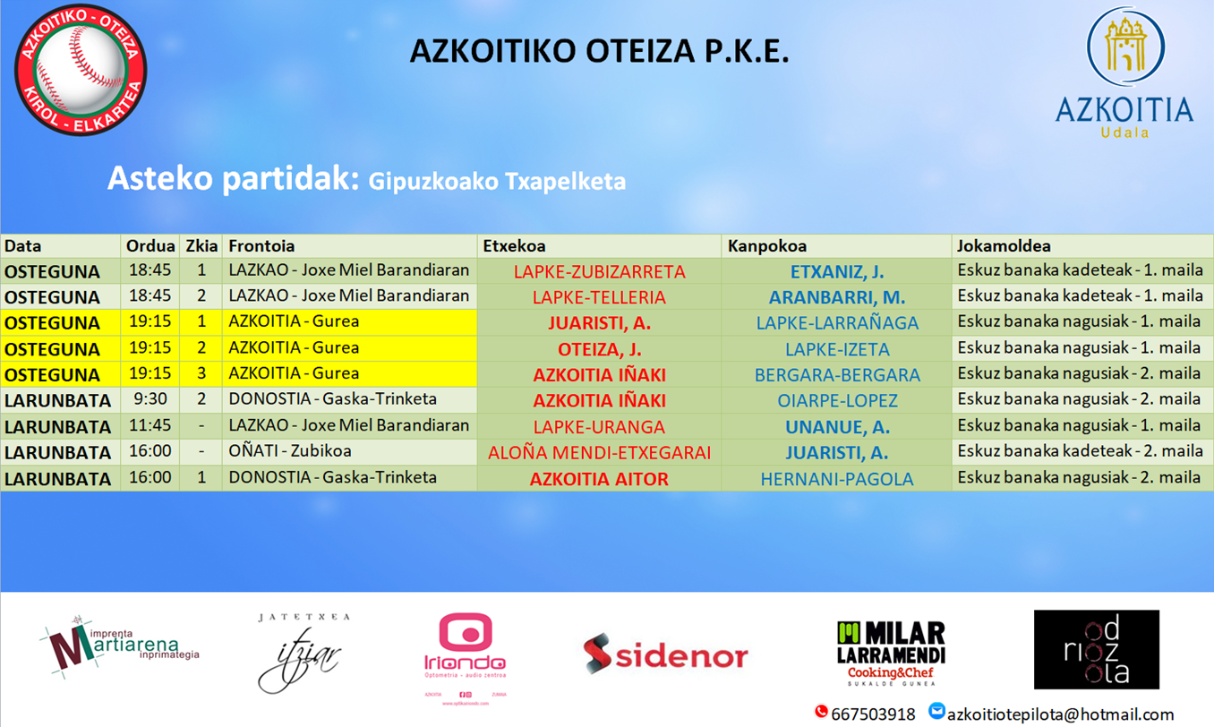Aste honetako pilota partiden ordutegiak