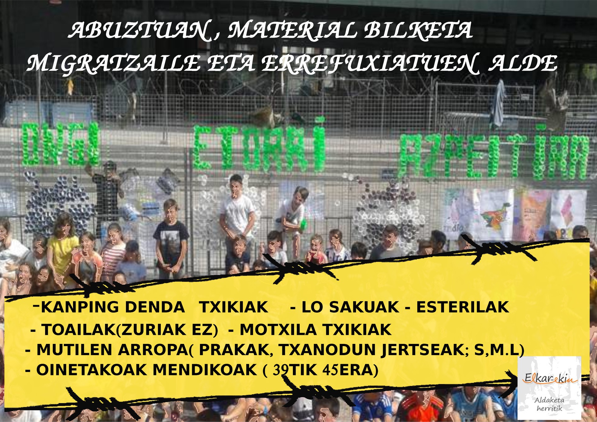 Migratzaile eta errefuxiatuentzako arropa eta material bilketa egingo du Elkar-ekinek