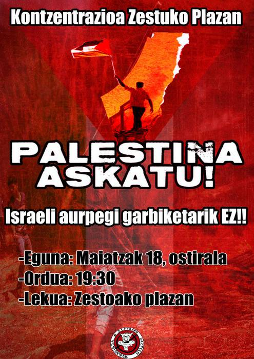 Kontzentrazioa deitu du Zestoako Gaztetxeak Israelen erasoak salatzeko
