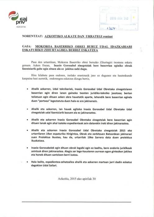 Azkoitiko EAJk zalantza du Gorosabel zinegotziak legez egin dituen Mokoroa baserriko obrak