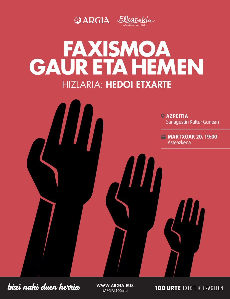 'Faxismoa gaur eta hemen' hitzaldia emango du Hedoi Etxartek hilaren 20an Sanagustinen