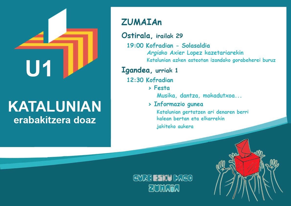 Kataluniako Erreferendumaren harira, zenbait ekitaldi antolatu ditu Zumaiako Gure Esku Dago-k