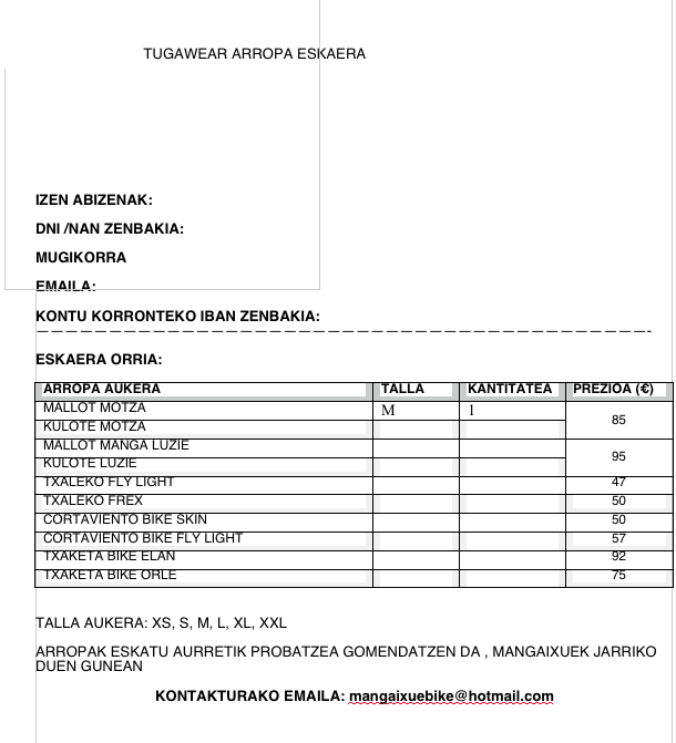 Mangaixue BBT taldearen bizikletarako arropak salgai daude