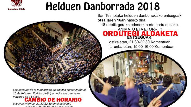 Santelmoetako gazte eta helduen danborradako entseguetan ordutegi aldaketa