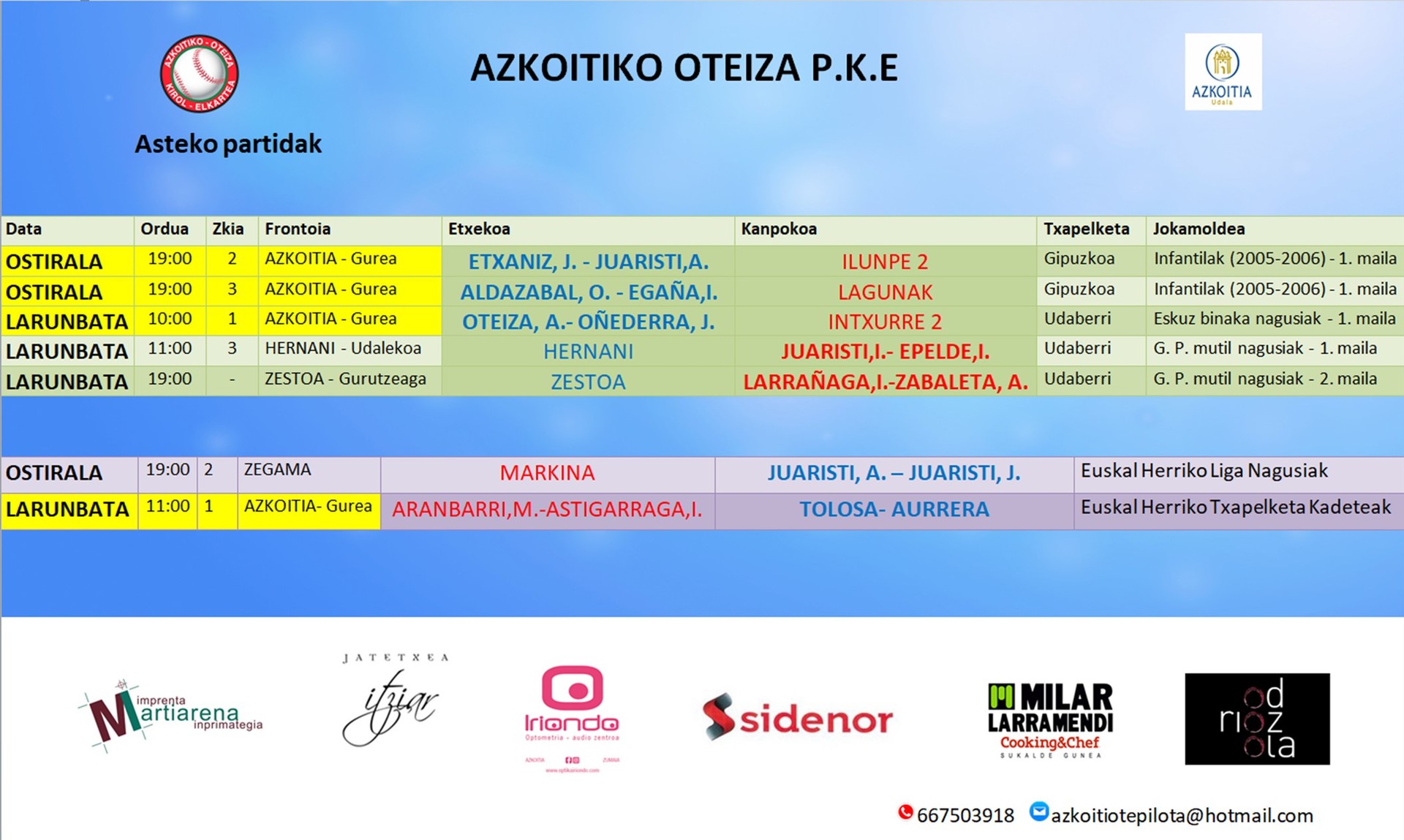 Aste honetako pilota partiden ordutegiak