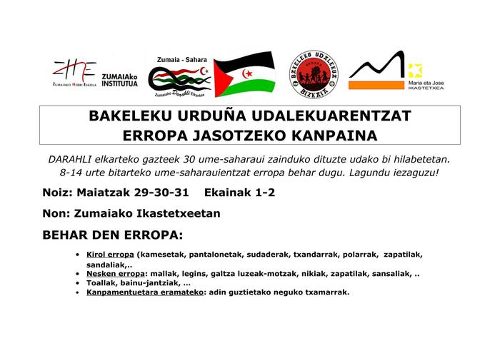 Bakeleku Udalekuetara datozen umeentzat arropa jasotzeko kanpaina jarri du martxan Darahli elkarteak