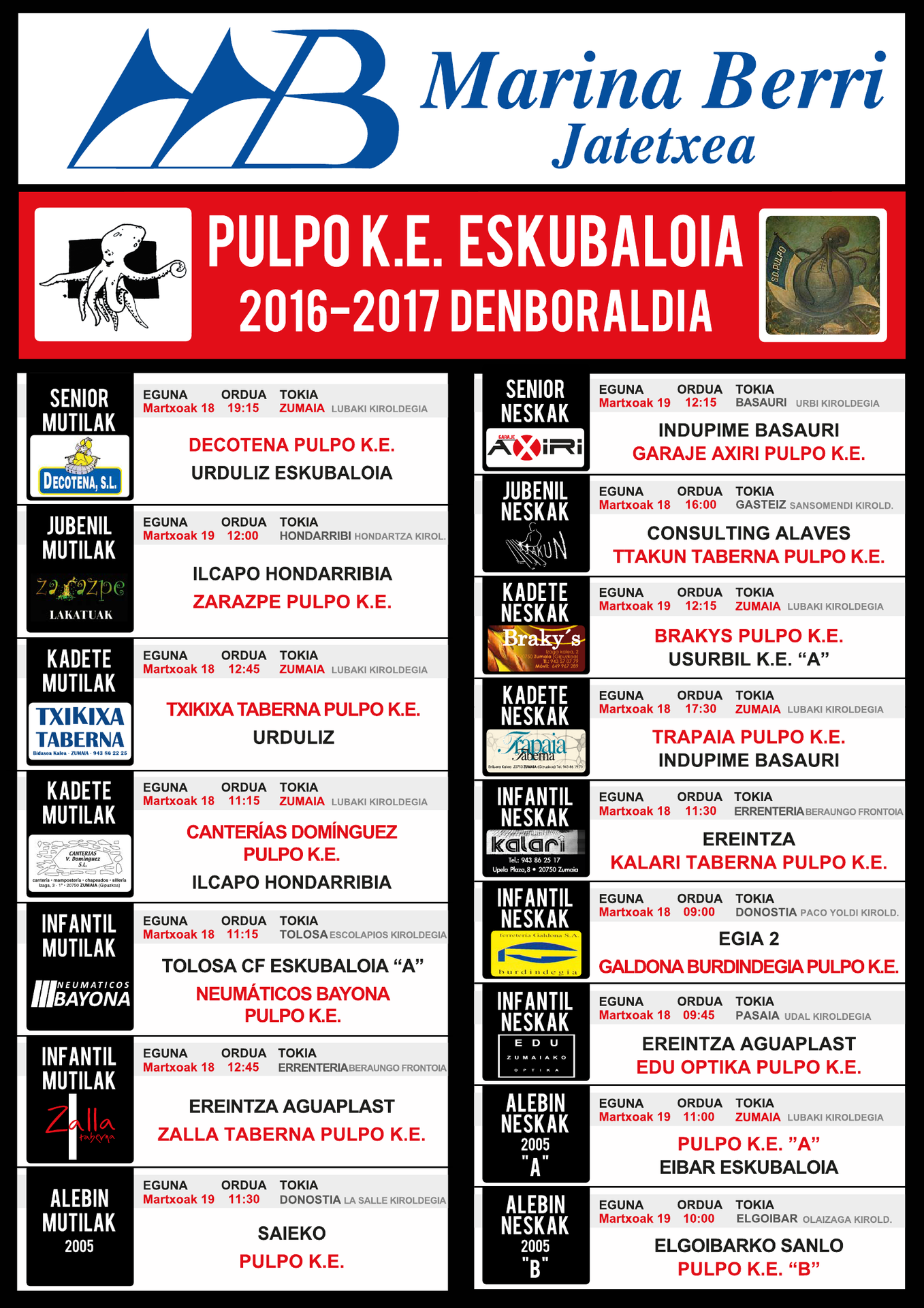 PULPO K.E eskubaloi taldeen aste bukaerako partiduen egutegia