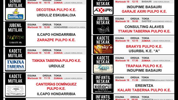 PULPO K.E eskubaloi taldeen aste bukaerako partiduen egutegia