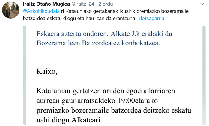 Kataluniako prozesu subiranistari babesa emateko elkarretaratzeak deitu dituzte Urola Kostan