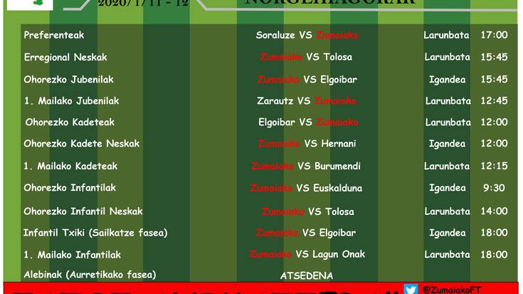 Zumaiakoko preferenteek Soraluzen jokatuko dute larunbatean eta ohorezko erregionaleko neskek Aita Marin jokatuko dute Tolosaren aurka