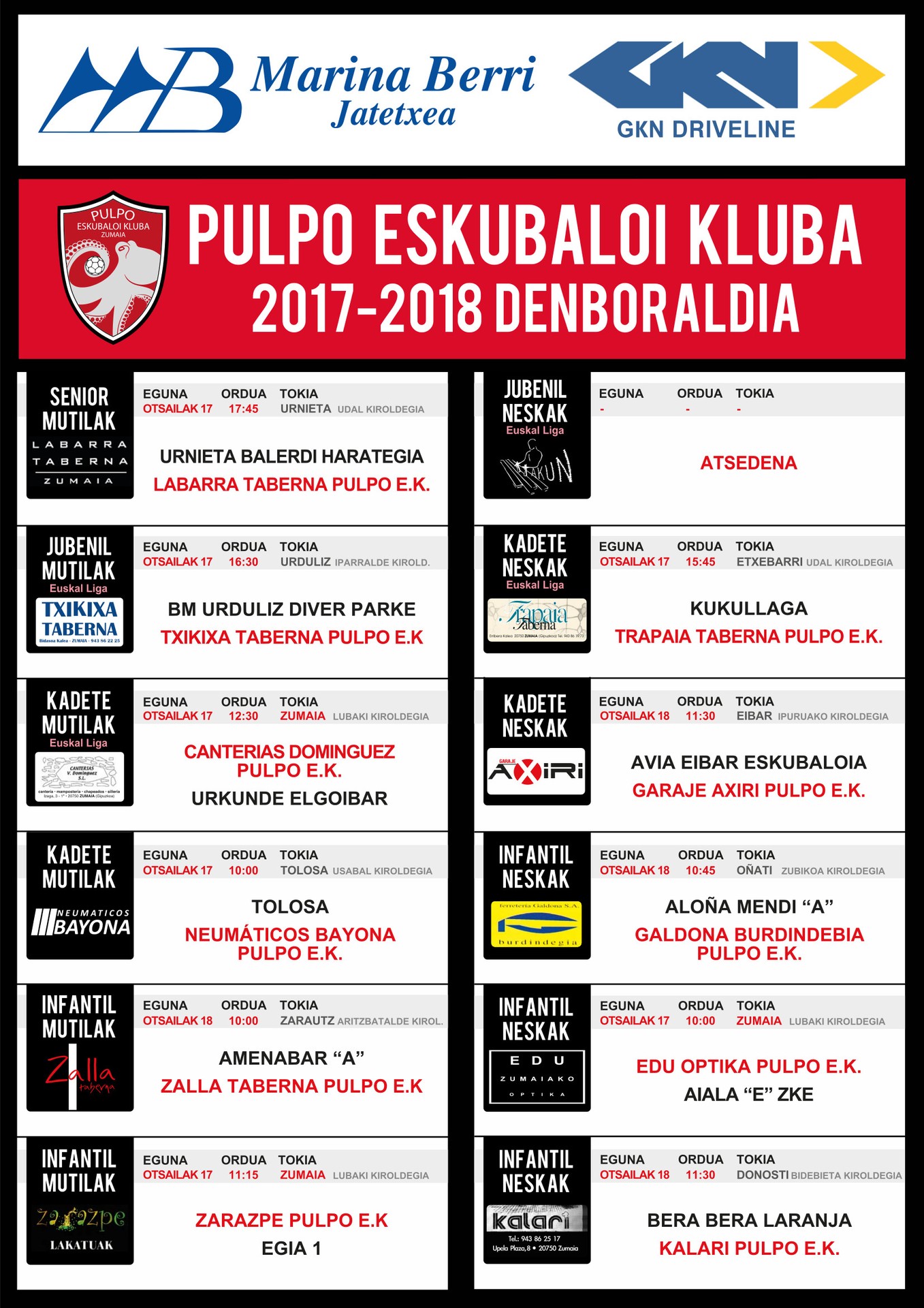Pulpo Eskubaloiko partiduen ordutegia
