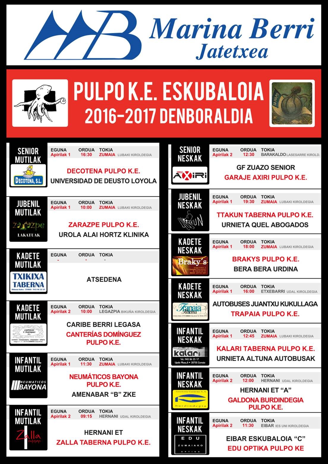 Pulpo Eskubaloiko partiduen ordutegia