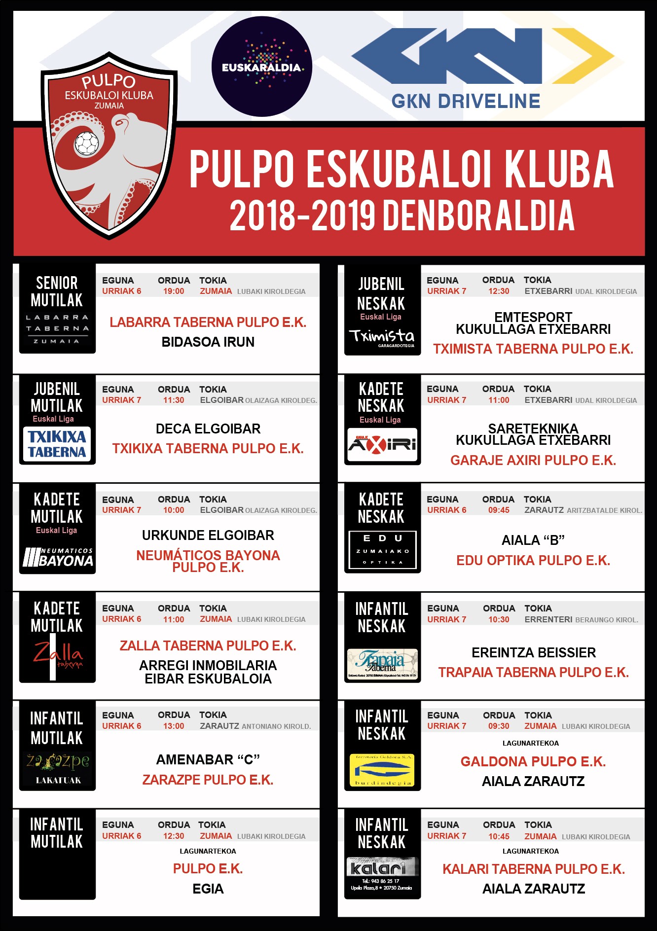 Pulpo Eskubaloiko partiduen ordutegia