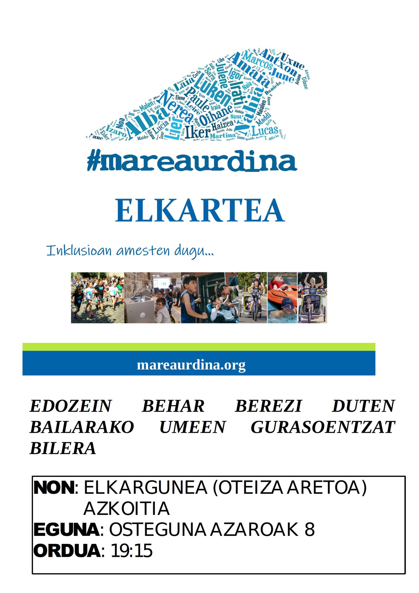 Behar bereziak dituzten bailarako umeen gurasoei zuzenduta, bilera deitu du Marea Urdinak