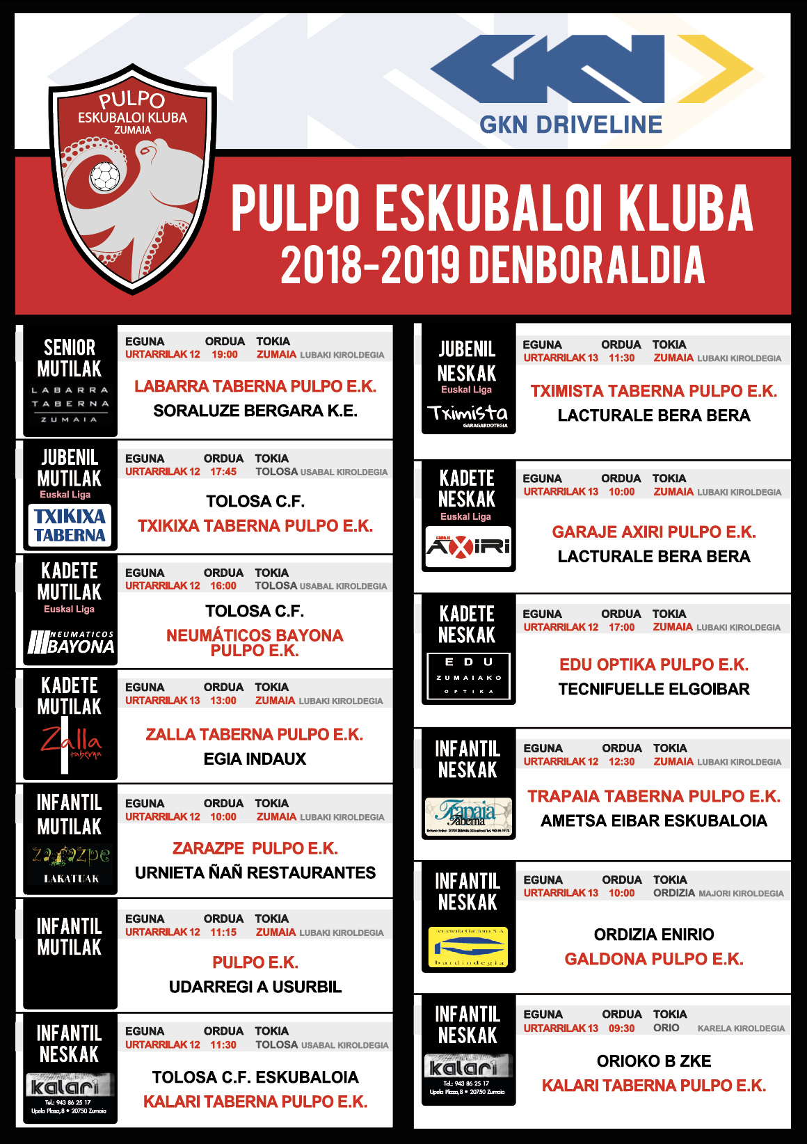 Pulpo Eskubaloiko partiduen ordutegia