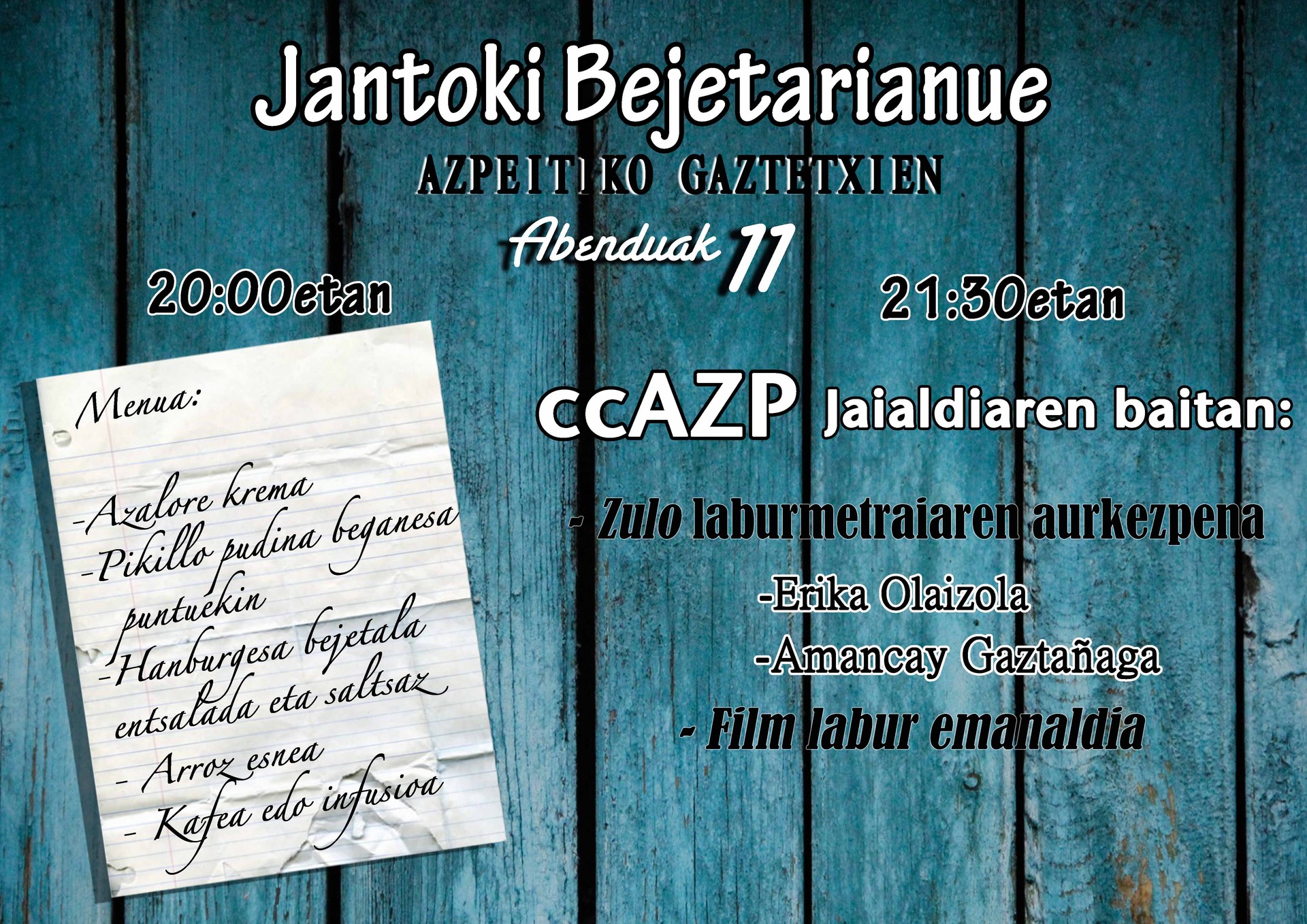 Ikasturteko lehenengo jantoki bejetarianoa izango dugu gaur, Gaztetxean