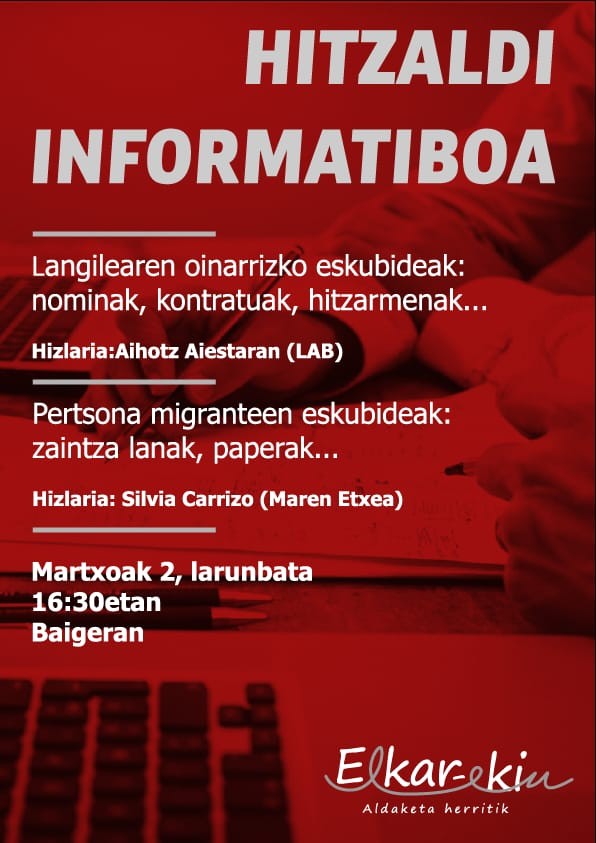 Langileen eskubideen inguruko hitzaldi informatiboa antolatu du Elkar-ekinek larunbaterako