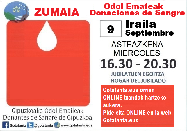 Zumaian Irailean odol ematerako txandak hartzeko epea ireki da.