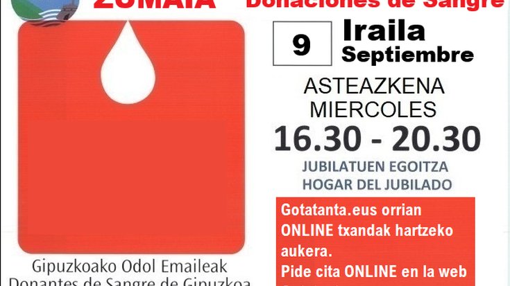 Zumaian Irailean odol ematerako txandak hartzeko epea ireki da.
