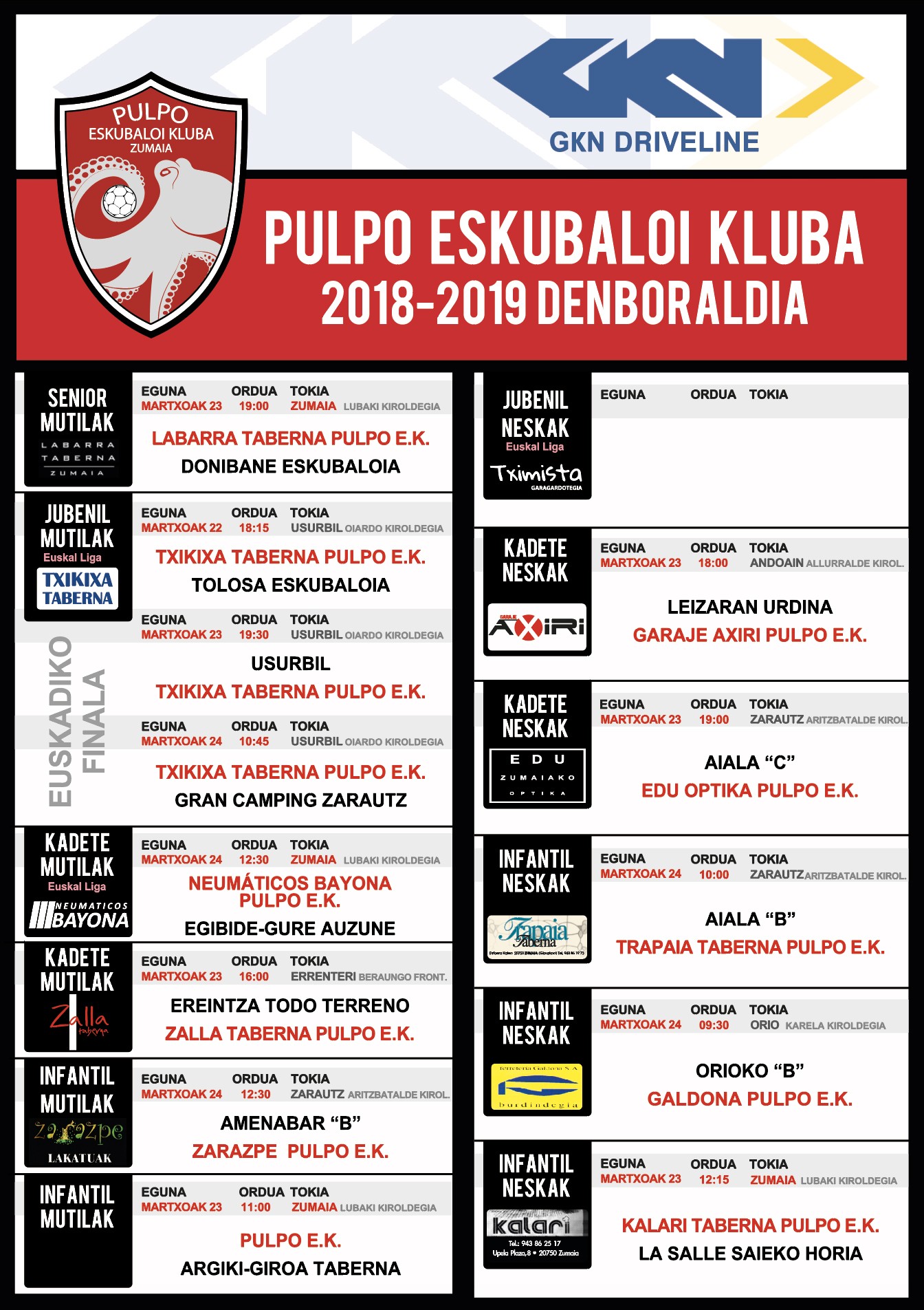 Pulpo Eskubaloiko partiduen ordutegia