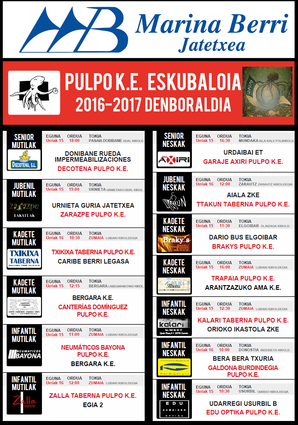 PULPO K.E eskubaloi taldeen aste bukaerako egutegia