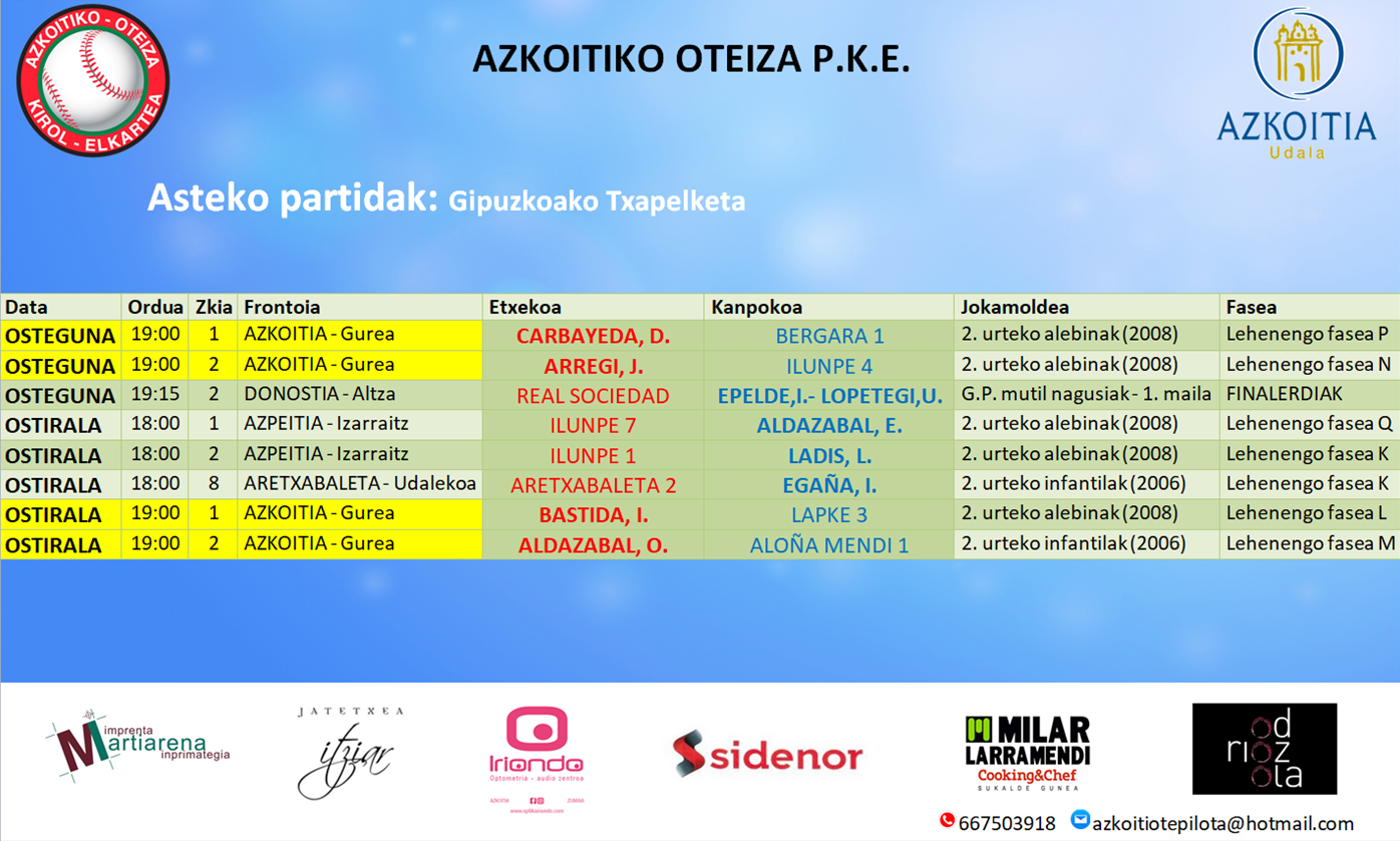 Asteburuko pilota partiden ordutegiak
