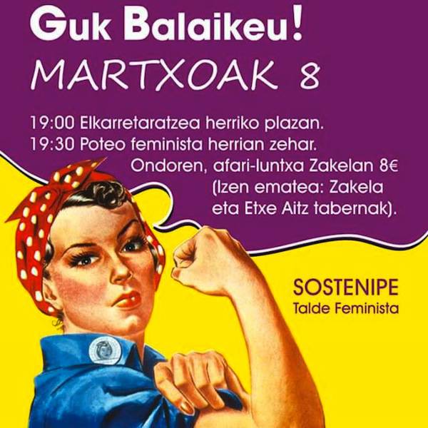 Sostenipe Talde Feministak elkarretaratzea eta poteo feminista antolatu ditu gaurko