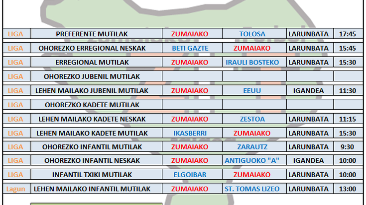 Asteburu honetako futbol partiden ordutegia