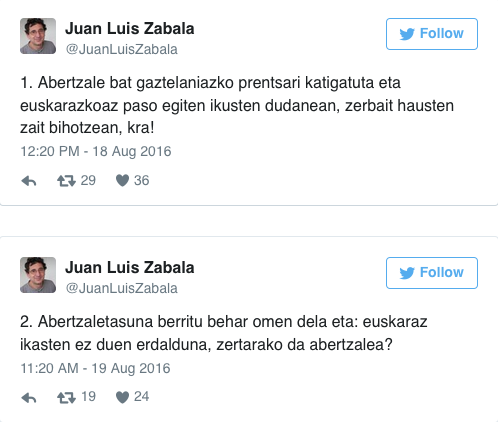 Juan Luis Zabalak euskararen egoeraren hausnarketa egin du, txio bidez