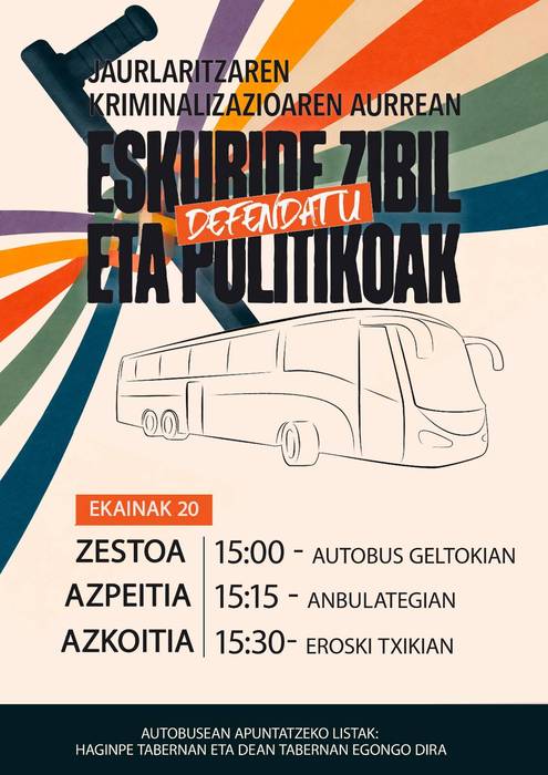 Autobusak antolatu dituzte ekainaren 20an Bilbon "eskubide zibil eta politikoak defendatu" lemapean egingo den mobilizaziora joateko.