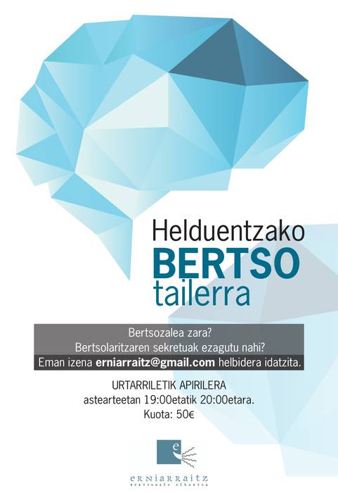 Hilaren 16an hasiko dira Erniarraitzen helduentzako bertso tailerraren saioak