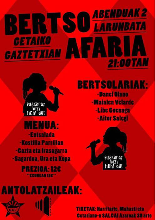 Euskararen Egunaren harira, bertso-afaria egingo dute Getariako gaztetxean