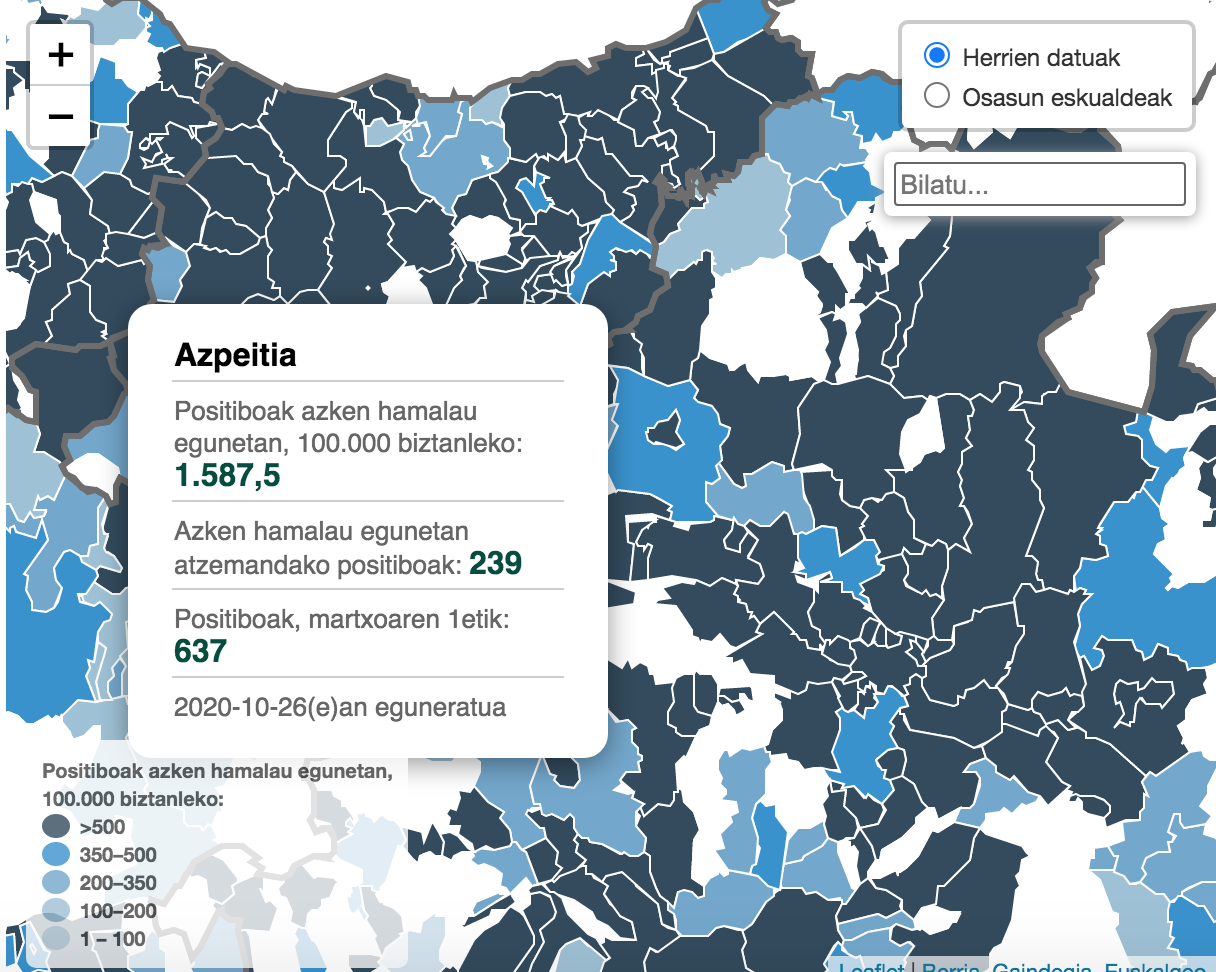 Kasu positiboen herriz herriko datuen mapa, 'Berria' egunkarian