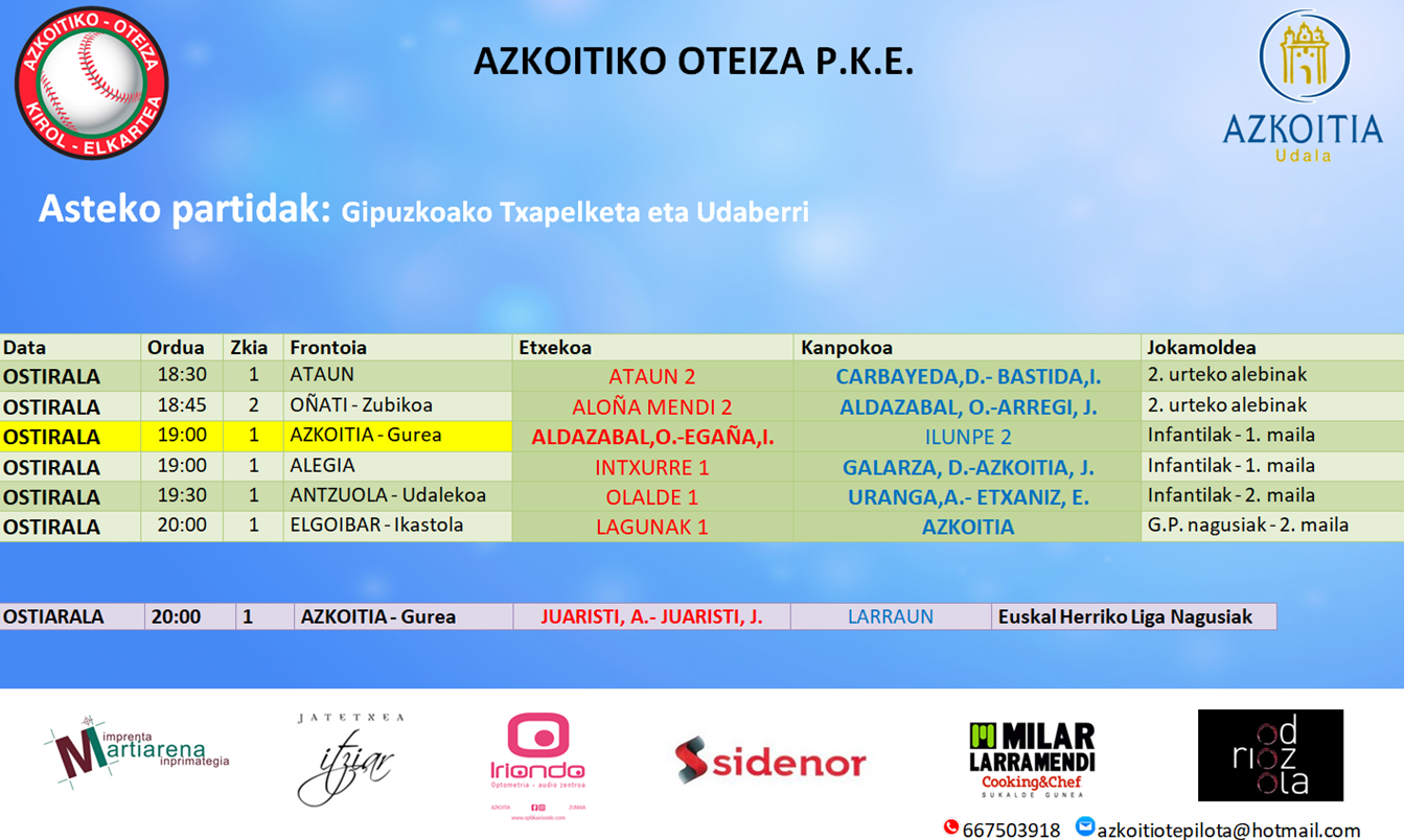 Aste honetako pilota partiden ordutegiak