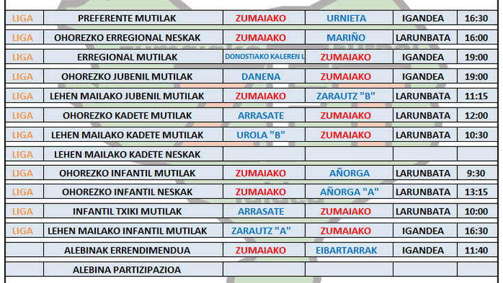 Asteburu honetako futbol partiden ordutegia