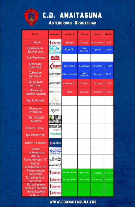 Anaitasunaren asteburuko futbol partiden ordutegiak
