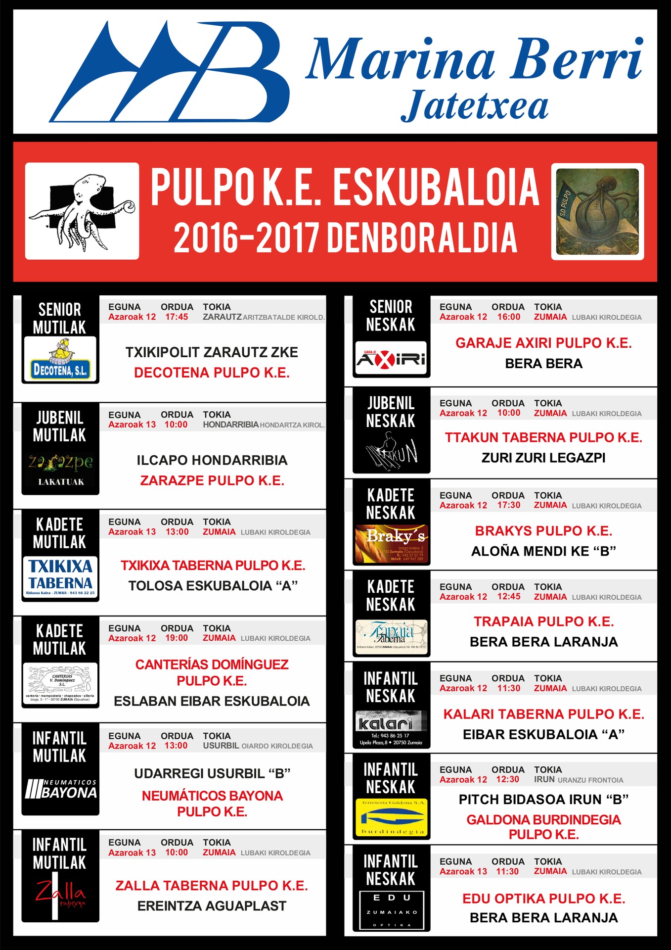 PULPO K.E eskubaloi taldeen aste bukaerako partiduak