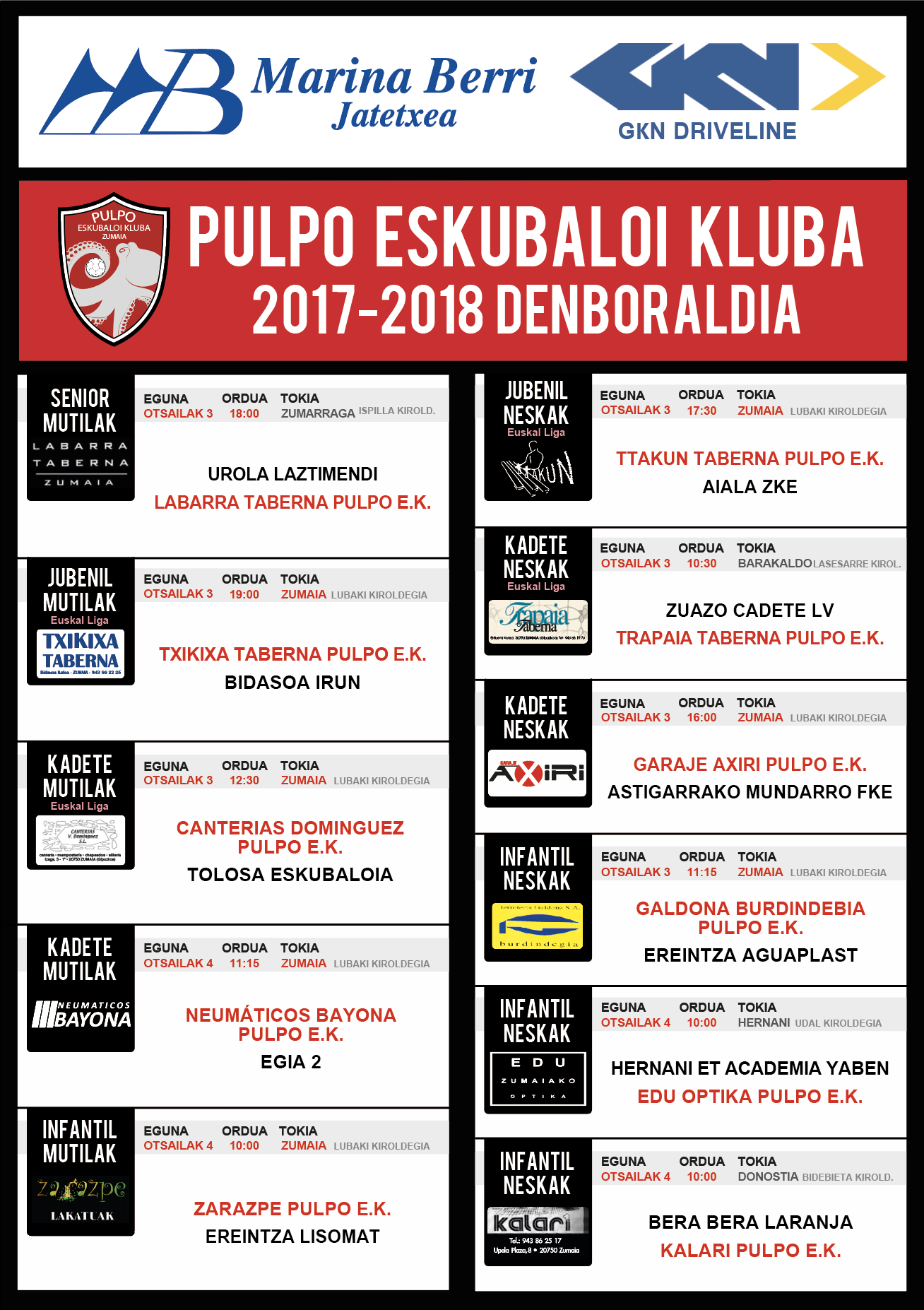 Pulpo Eskubaloiko partiduen ordutegia
